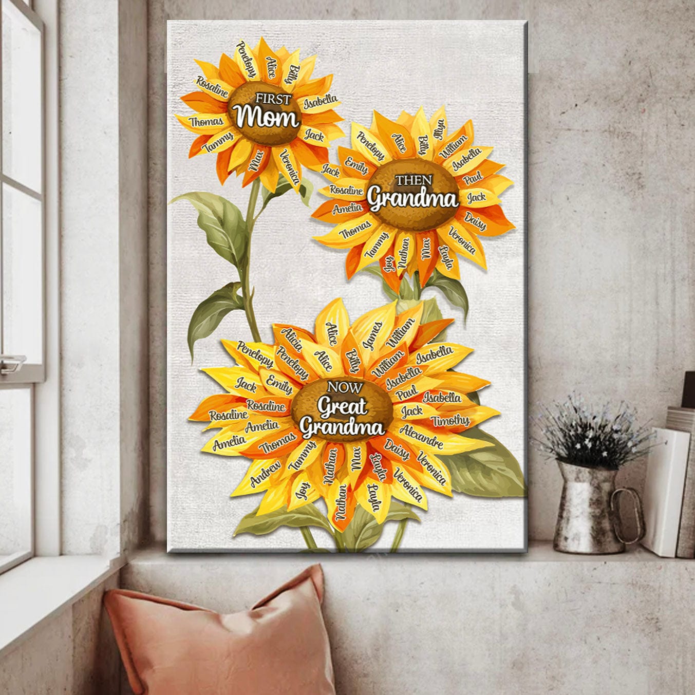 First Mom Then Grandma Now Great Grandma | Custom Names Sunflower Canvas Gift