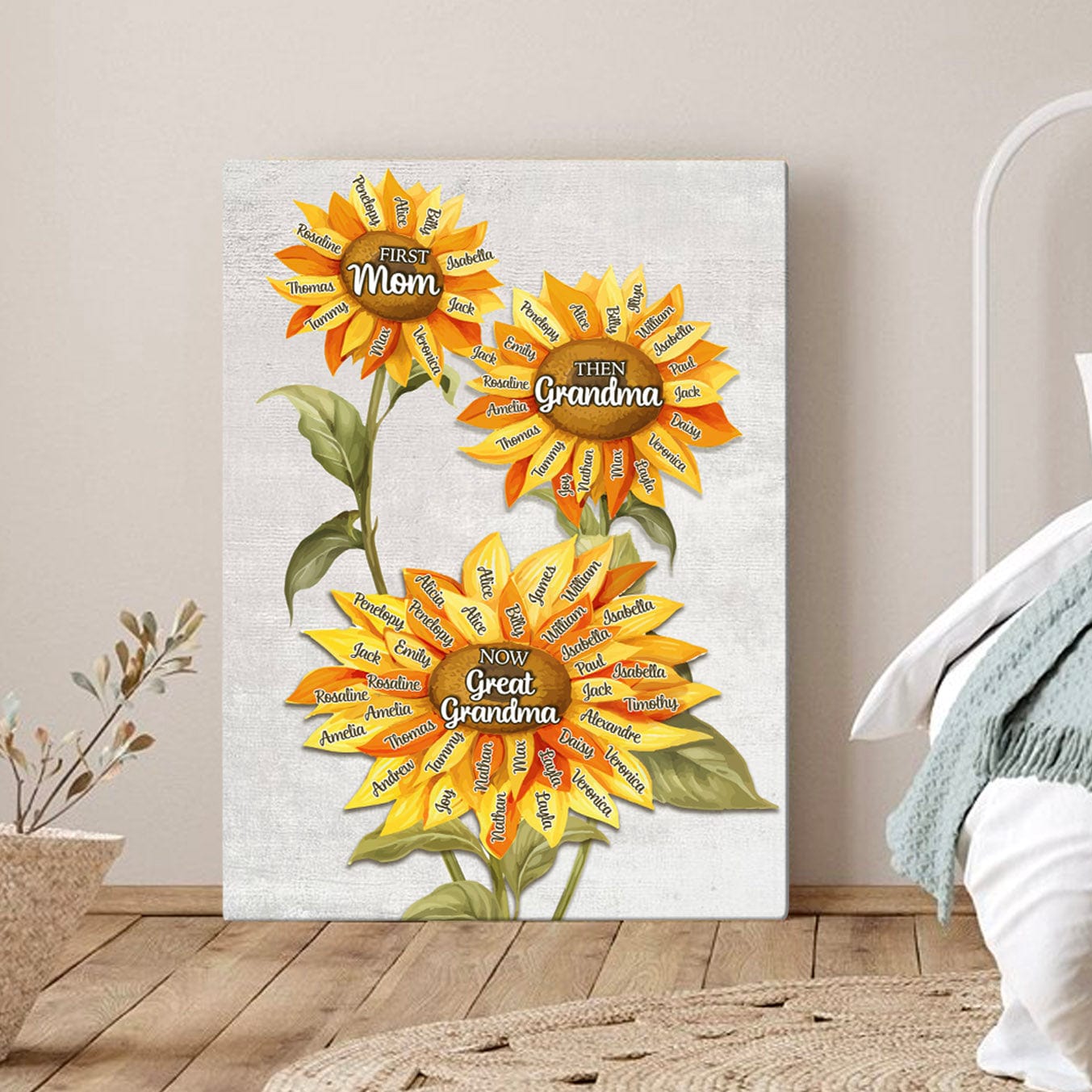 First Mom Then Grandma Now Great Grandma | Custom Names Sunflower Canvas Gift
