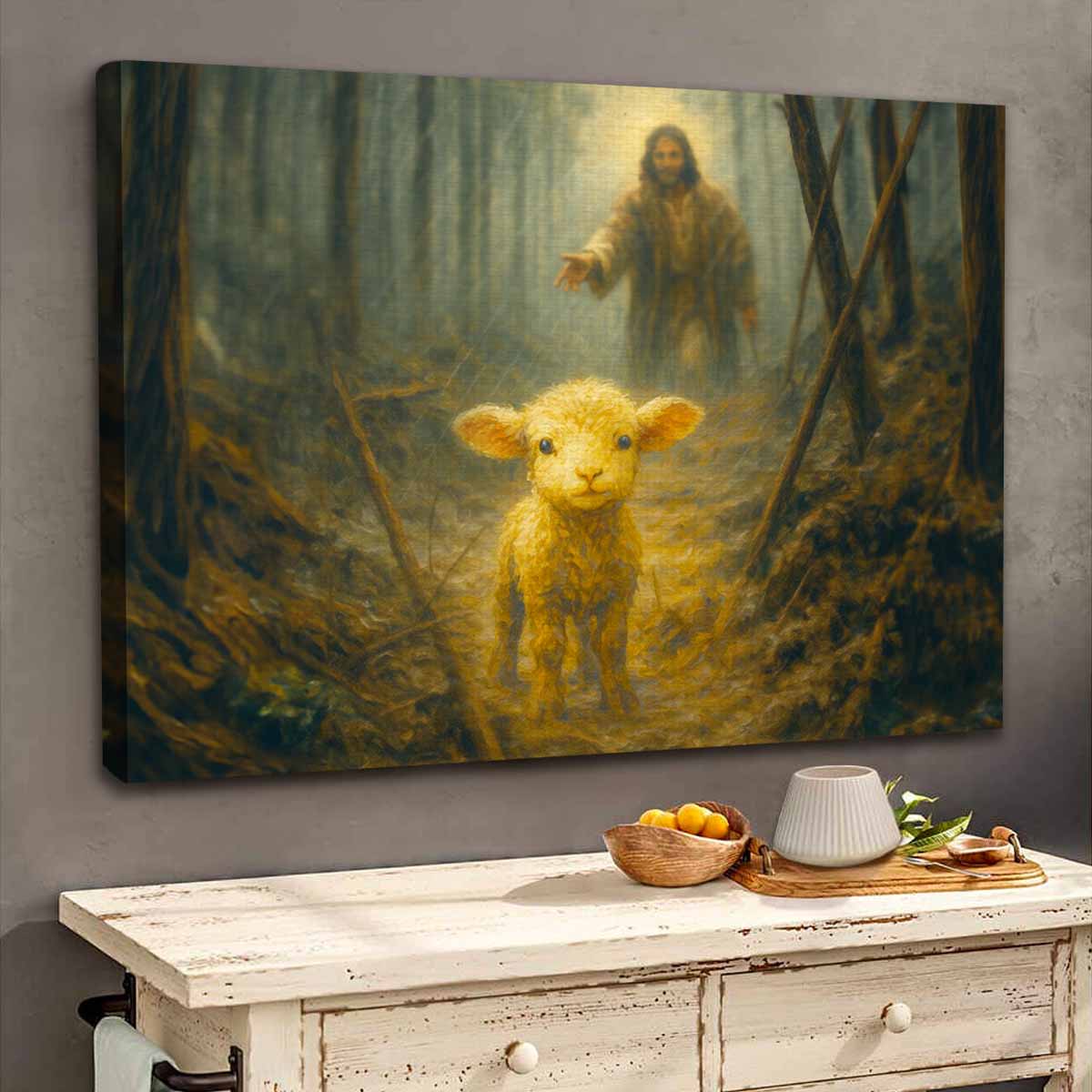 The Lost Sheep Premium Canvas Jesus Leaving the 99 for The One