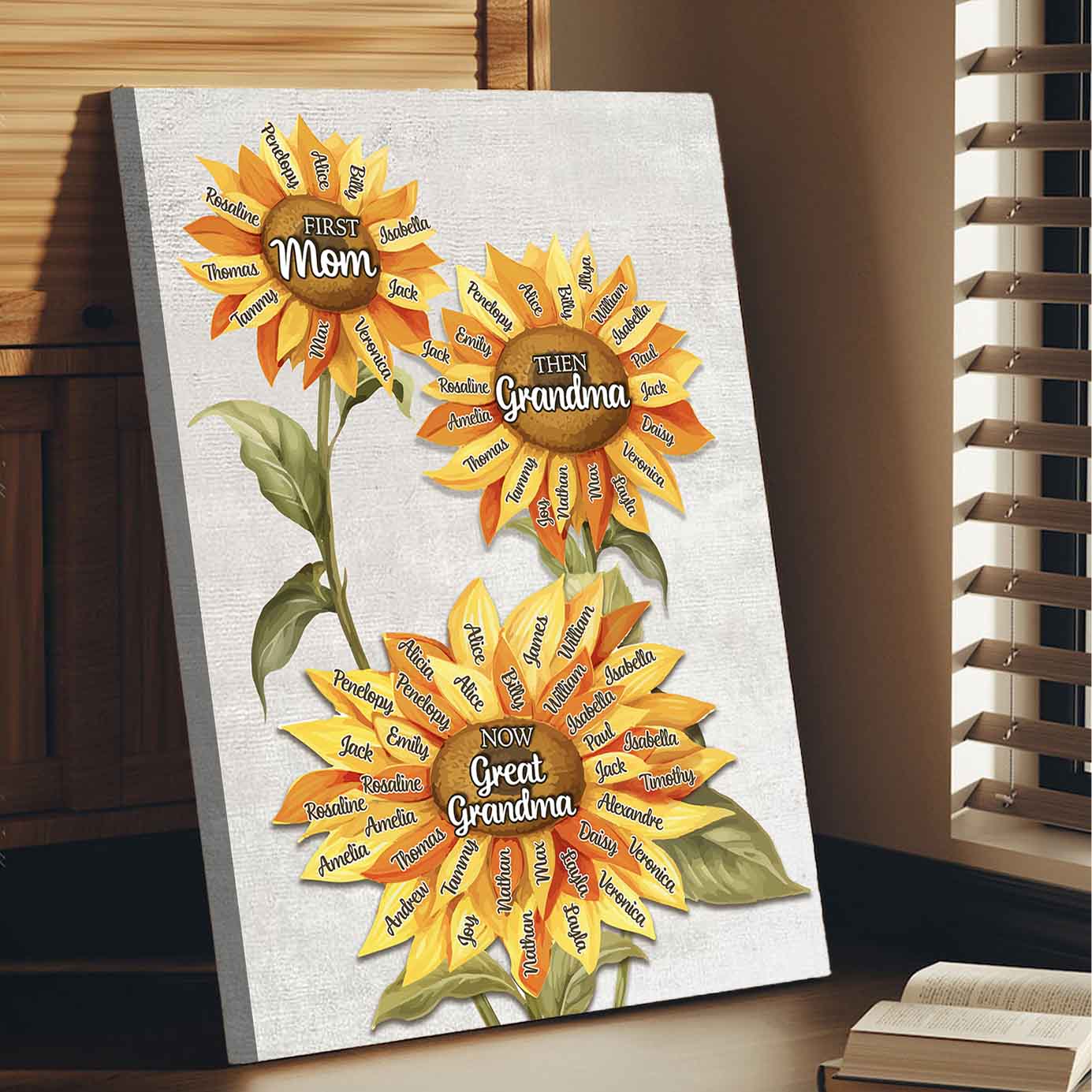 First Mom Then Grandma Now Great Grandma | Custom Names Sunflower Canvas Gift