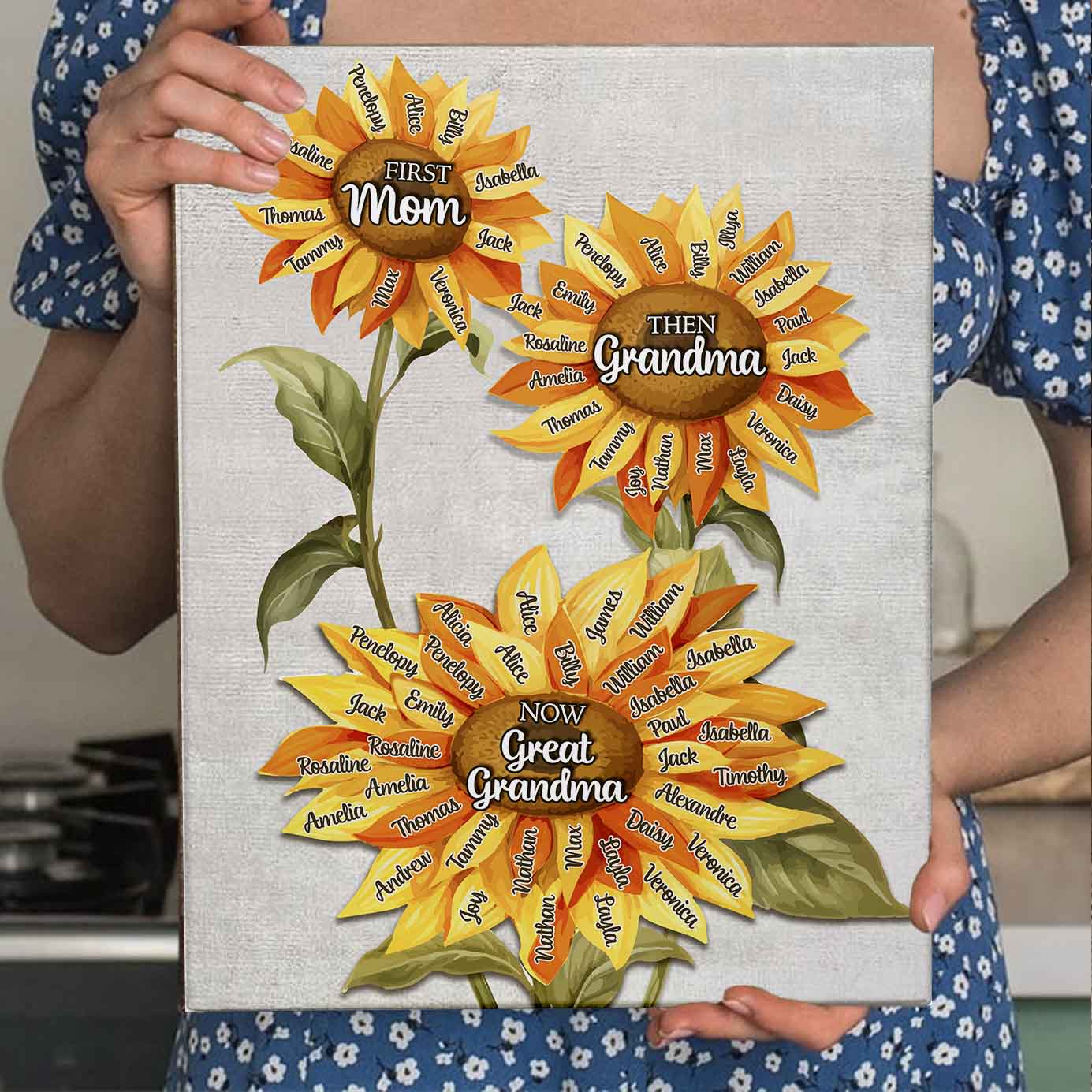 First Mom Then Grandma Now Great Grandma | Custom Names Sunflower Canvas Gift