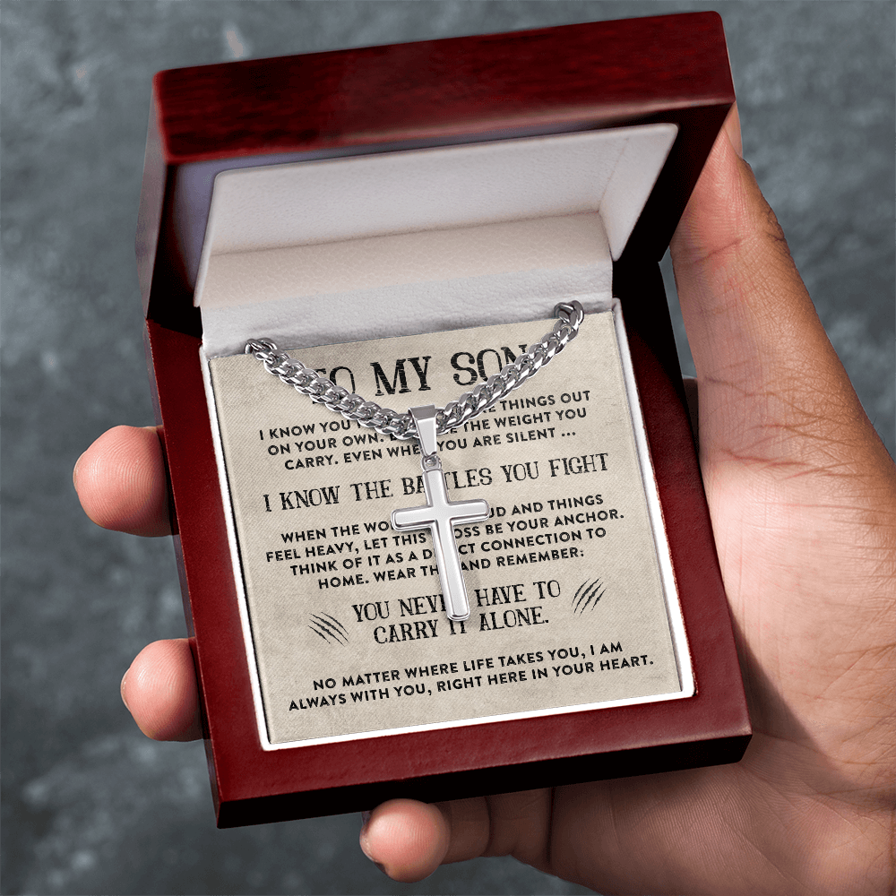 Never Have To Carry It Alone | To My Son Cross Cuban Necklace
