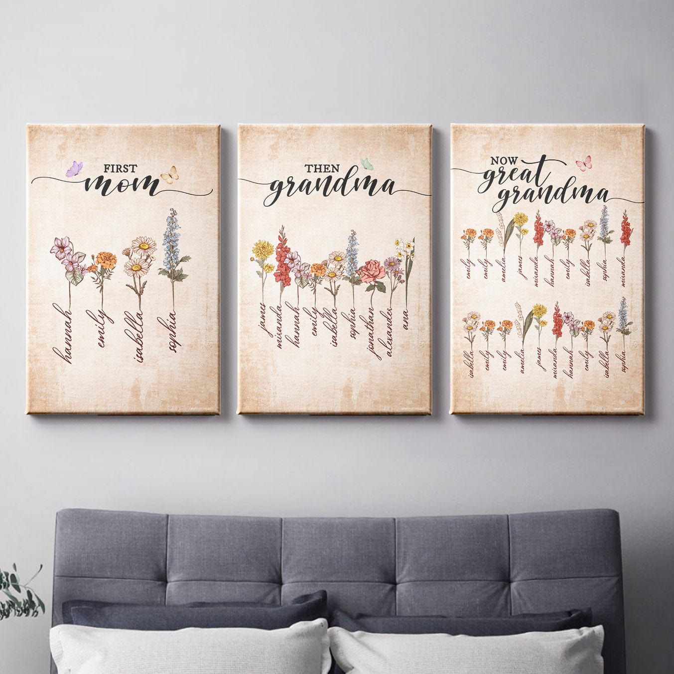 Mom - Grandma - Great Grandma Birth Flower Premium Canvas Set