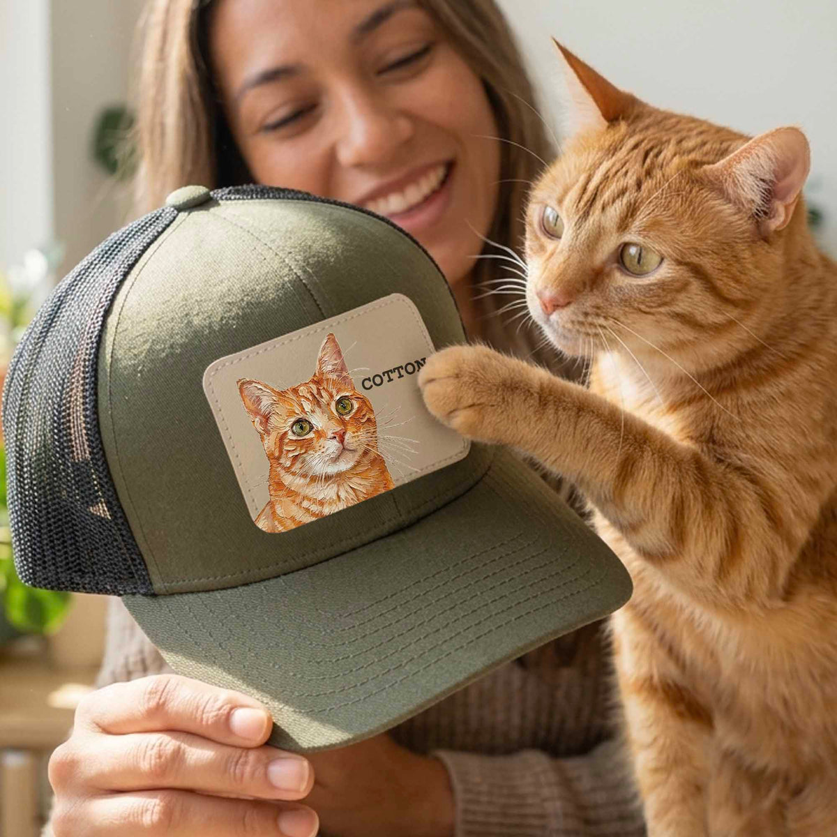 Custom Pet Portrait Leather Patch Trucker Hat, Dog Mom Dad Gift