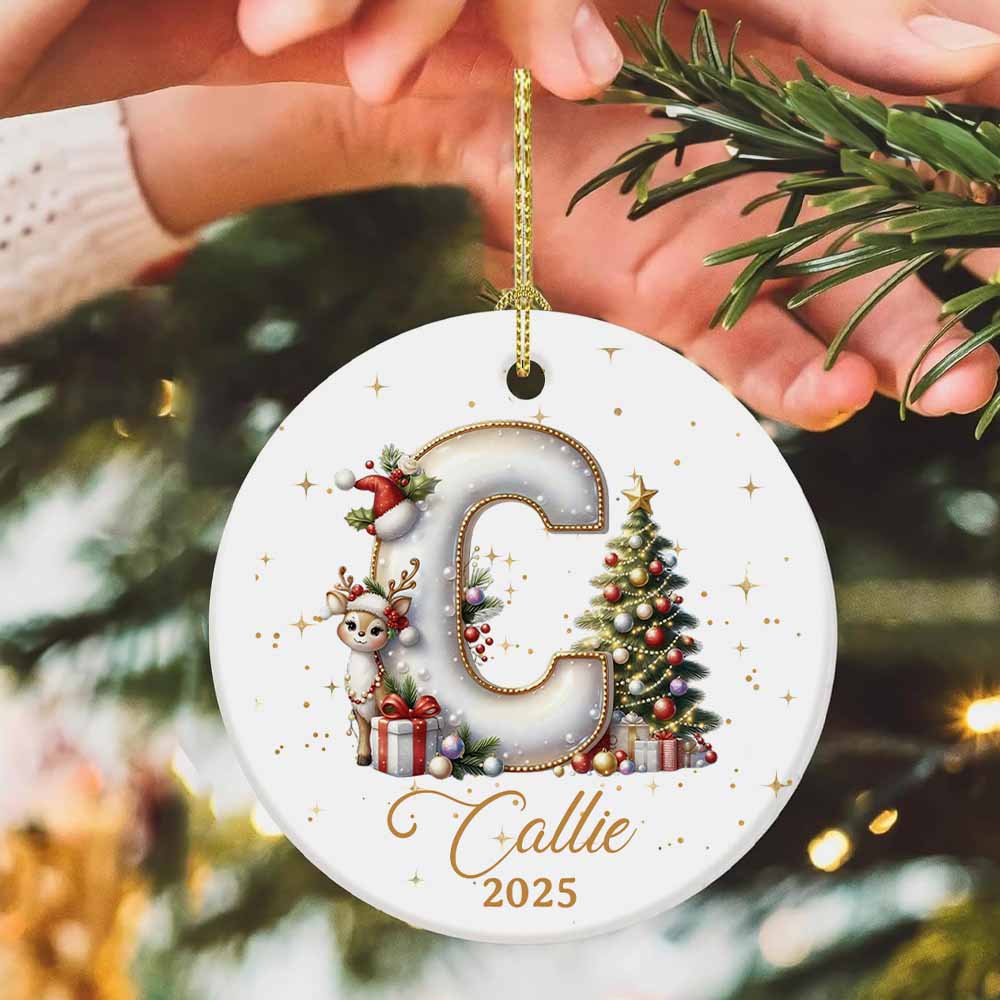 Personalized Reindeer and Christmas Tree Initial Ornament