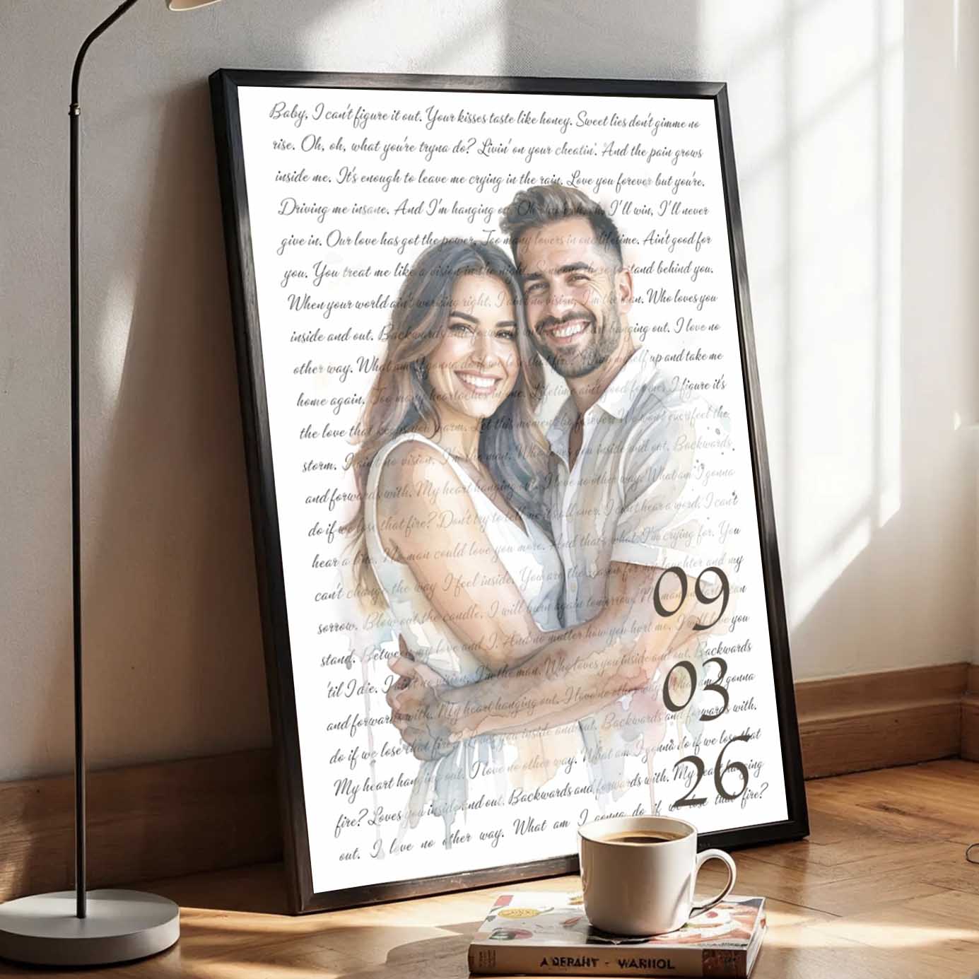 Custom Watercolor Couple Portrait with Song Lyrics Wedding Anniversary Canvas Poster