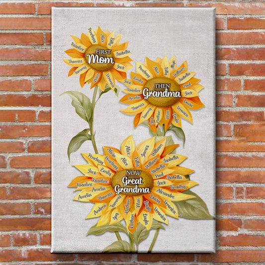 First Mom Then Grandma Now Great Grandma | Custom Names Sunflower Canvas Gift