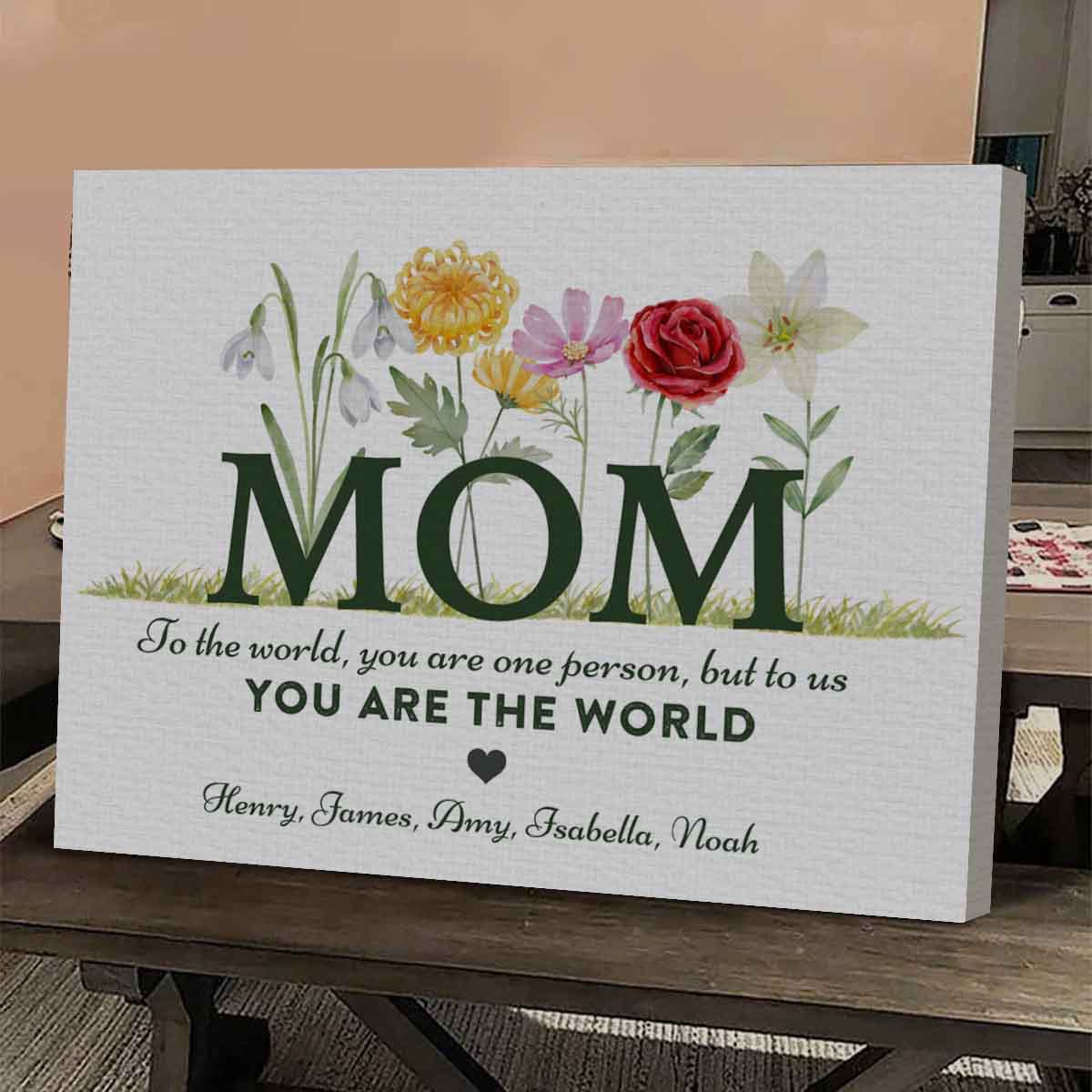 You Are The World - Personalized Birth Flower Canvas for Mom Grandma