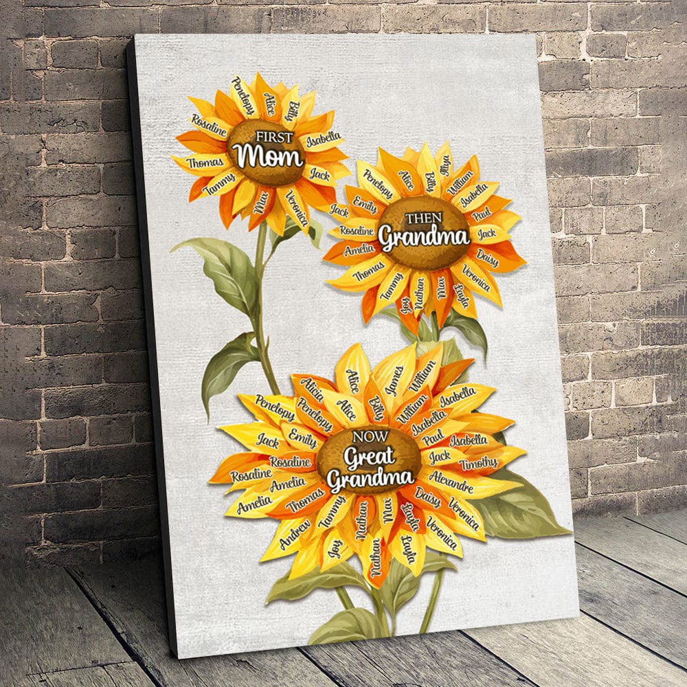 First Mom Then Grandma Now Great Grandma | Custom Names Sunflower Canvas Gift