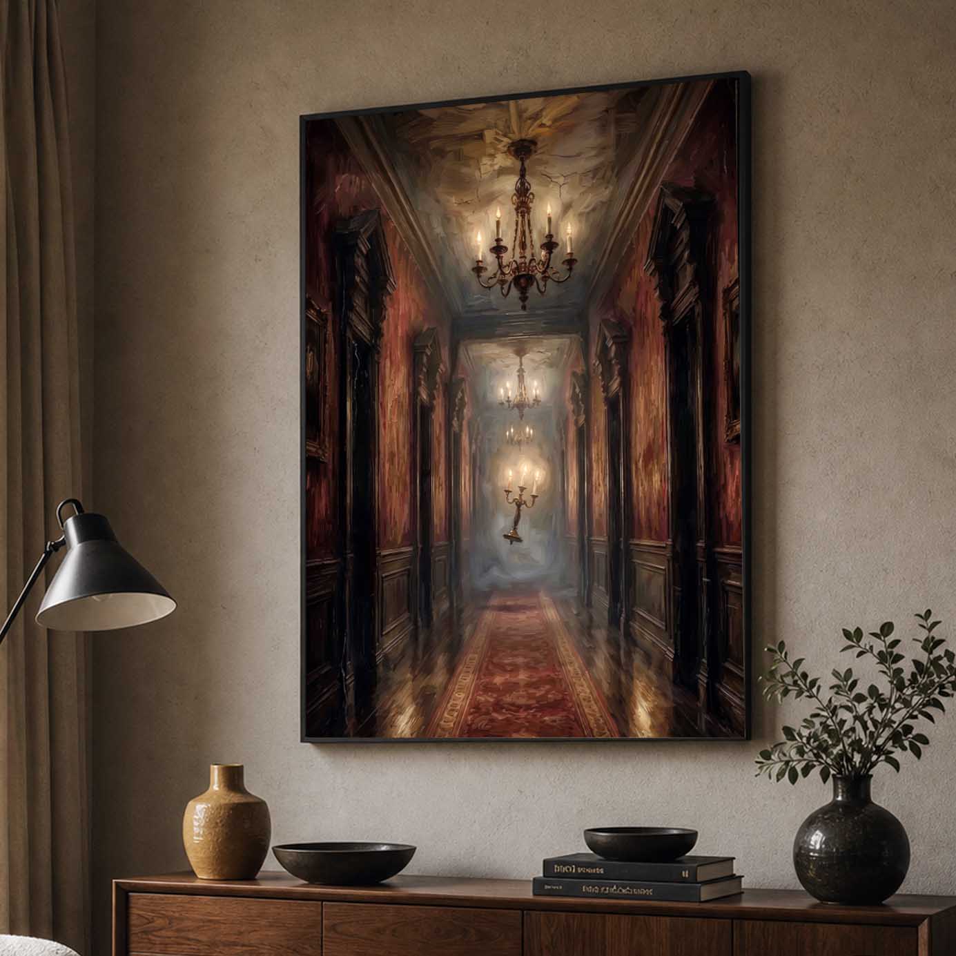 Floating Candelabra Haunted Hallway Canvas Poster