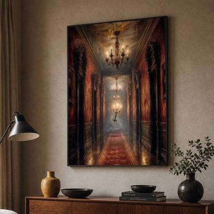 Floating Candelabra Haunted Hallway Canvas Poster