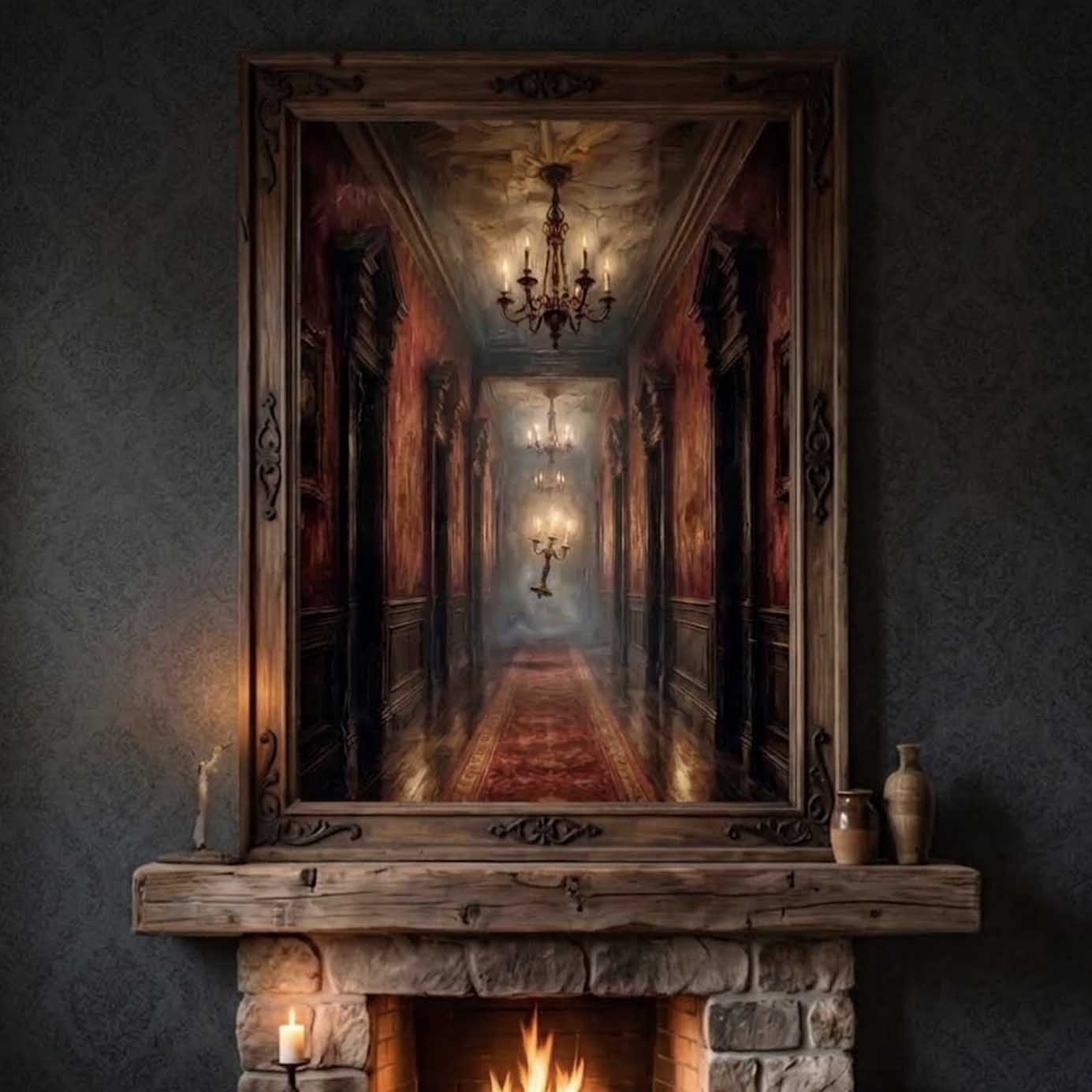 Floating Candelabra Haunted Hallway Canvas Poster