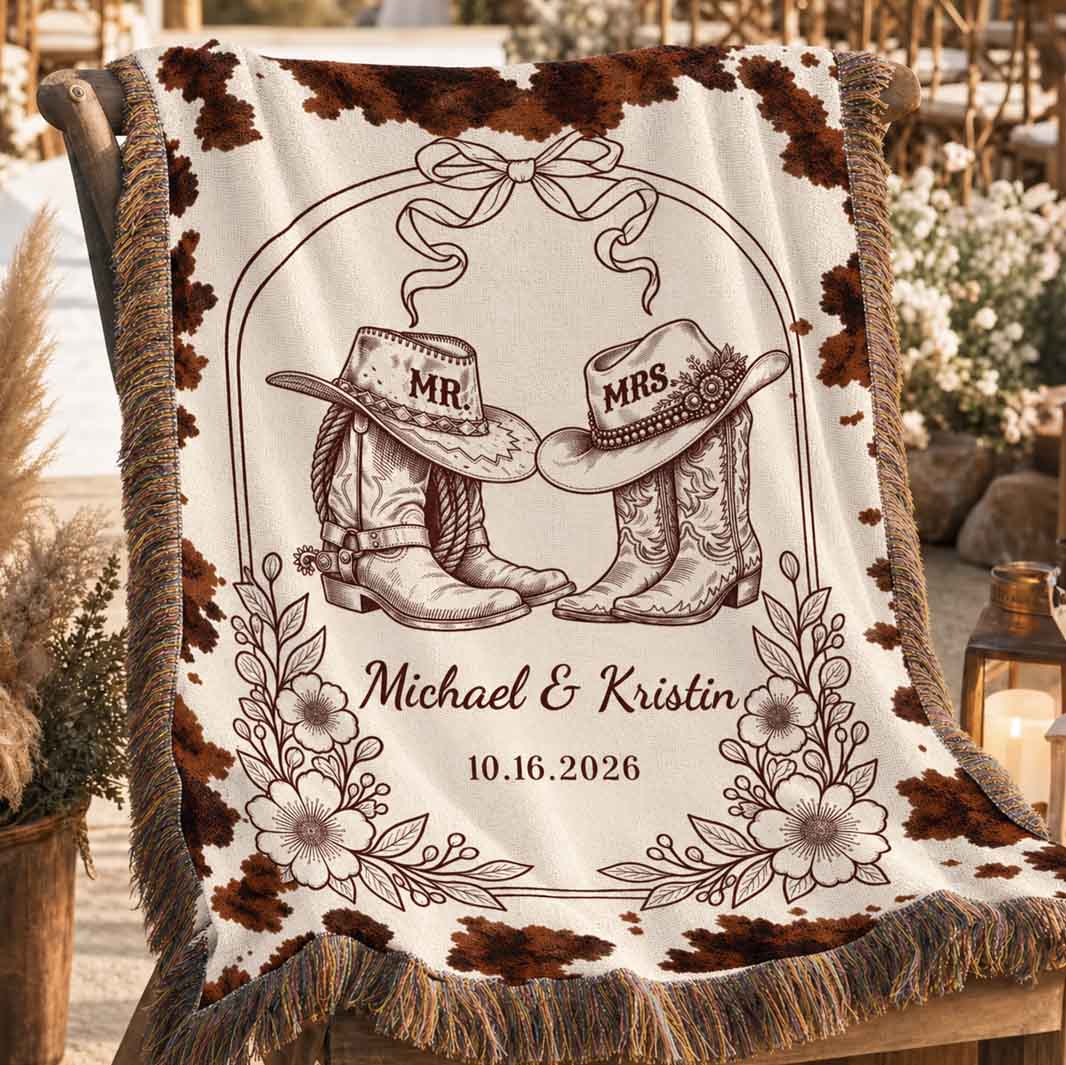 Cowhide Print Custom Couple Boots Woven Blanket