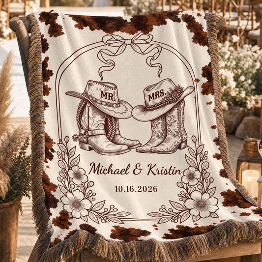 Cowhide Print Custom Couple Boots Woven Blanket