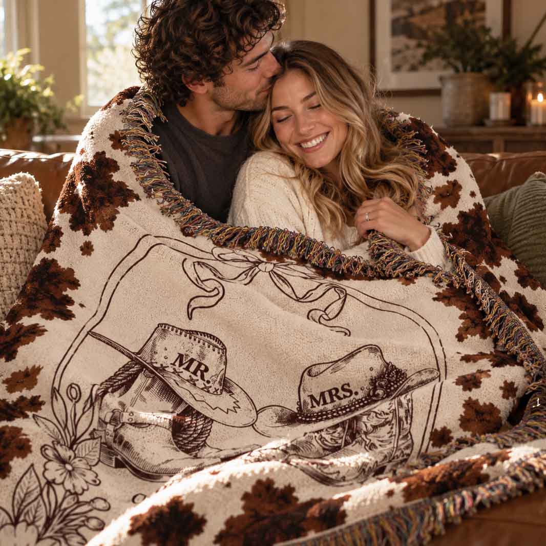 Cowhide Print Custom Couple Boots Woven Blanket