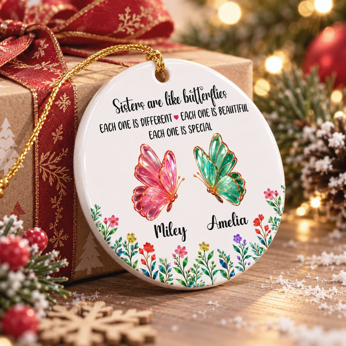 Sisters are like butterflies Custom Ceramic Ornament