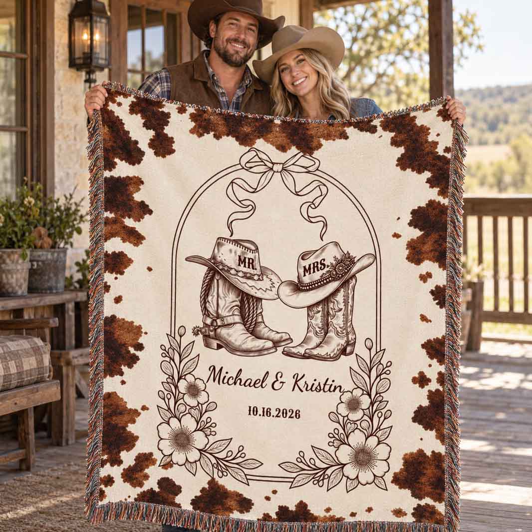 Cowhide Print Custom Couple Boots Woven Blanket