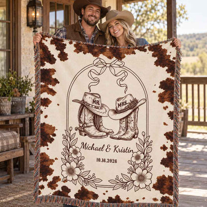 Cowhide Print Custom Couple Boots Woven Blanket