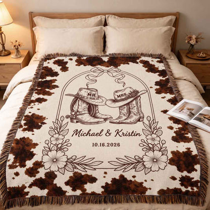 Cowhide Print Custom Couple Boots Woven Blanket