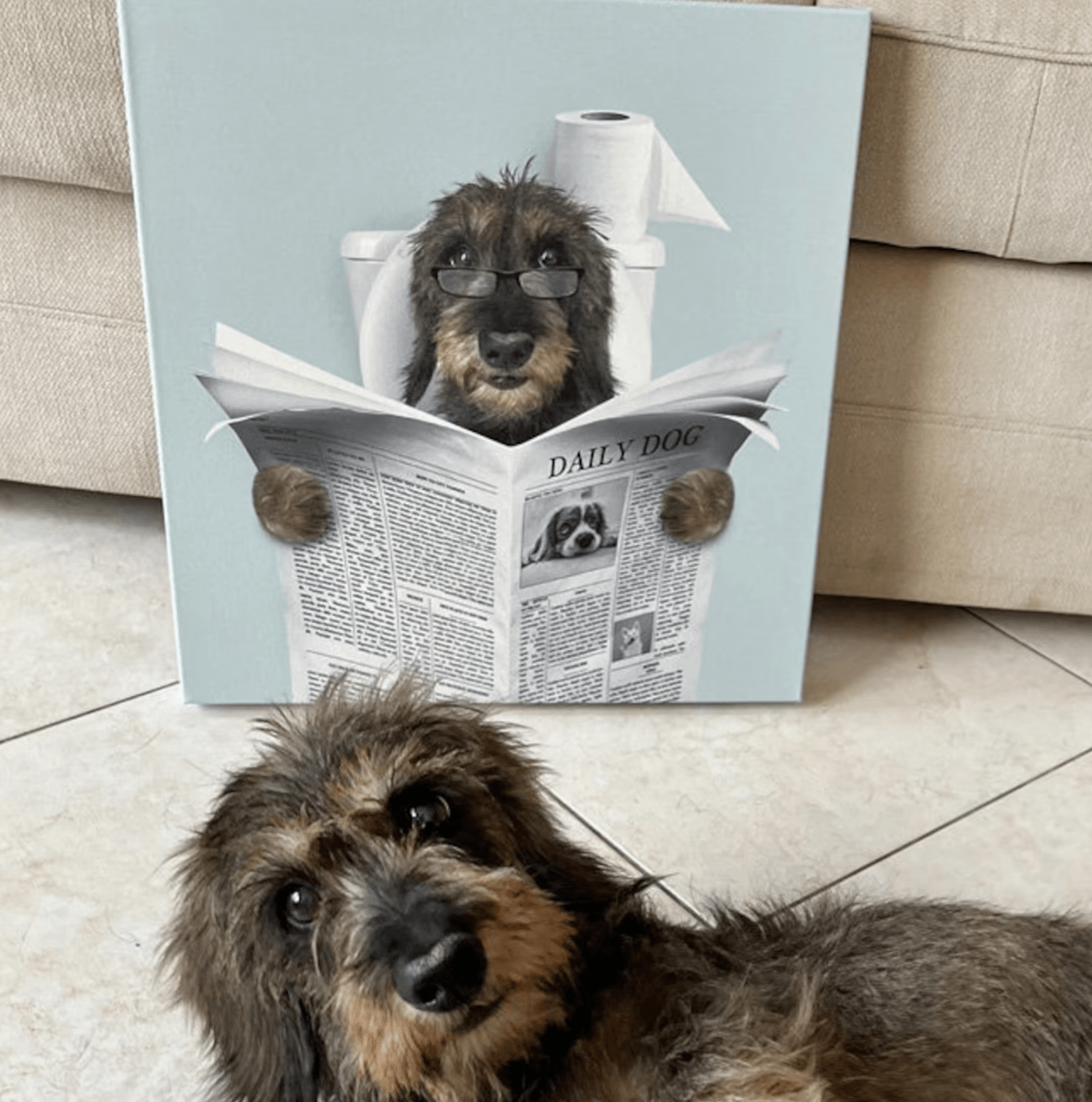 Funny Pet Read Newspaper in Toilet - Personalized Bathroom Canvas for Your Pet