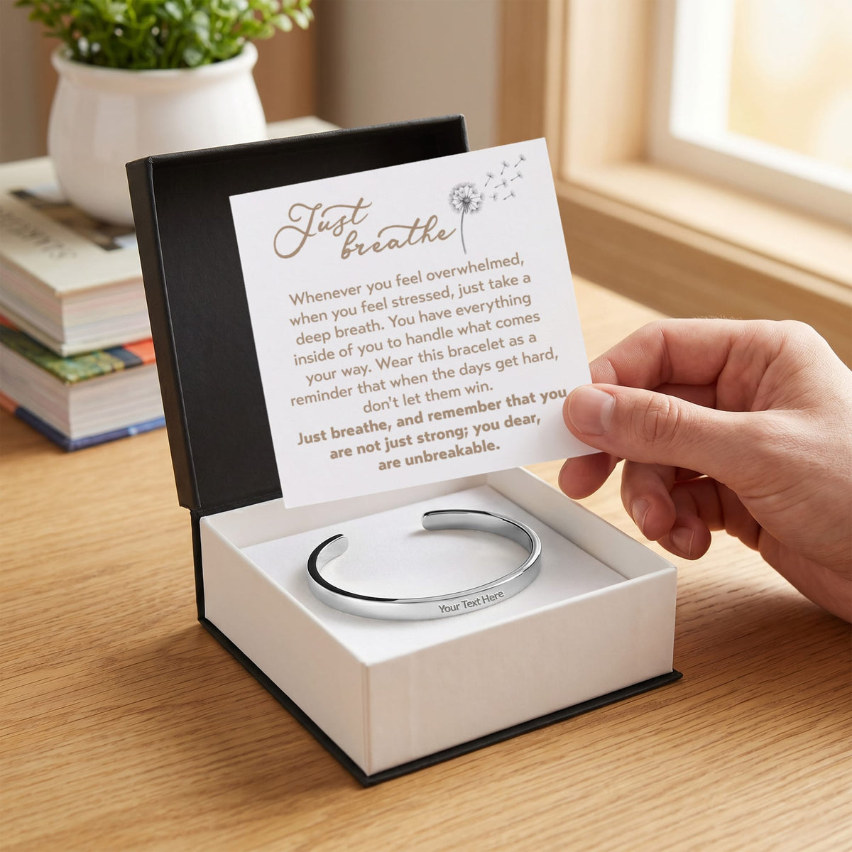 Just Breath Custom Message Engraved Cuff Bracelet