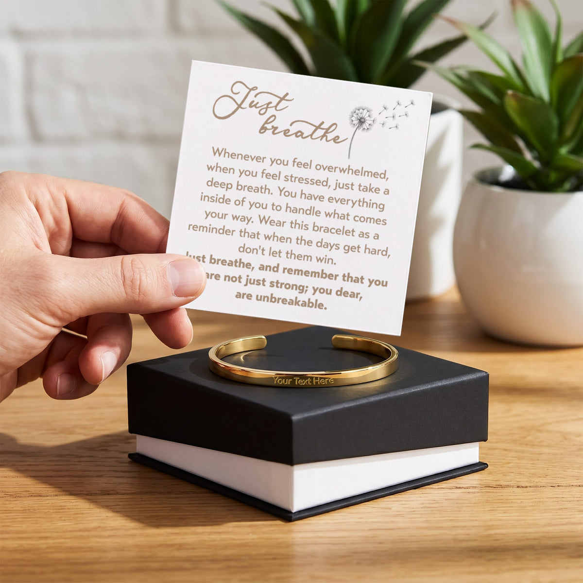 Just Breath Custom Message Engraved Cuff Bracelet