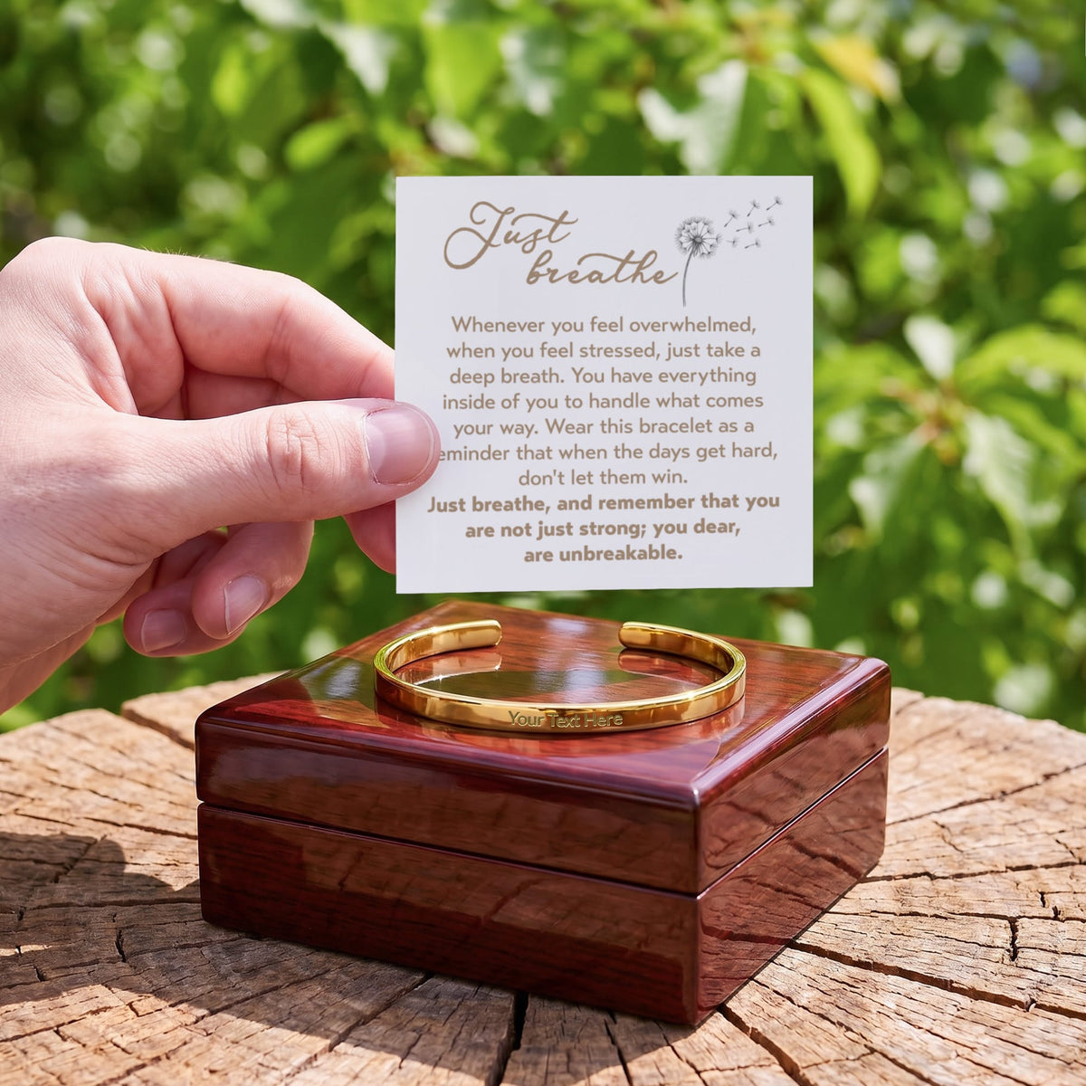 Just Breath Custom Message Engraved Cuff Bracelet