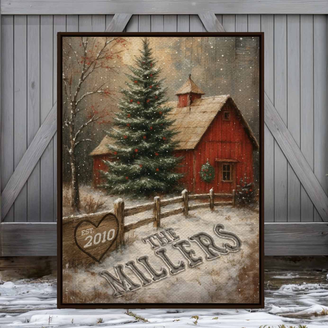 Red Barn Custom Family Name in the Christmas Snow Canvas