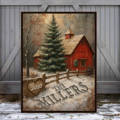 Red Barn Custom Family Name in the Christmas Snow Canvas