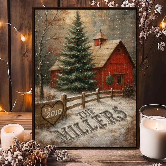 Red Barn Custom Family Name in the Christmas Snow Canvas