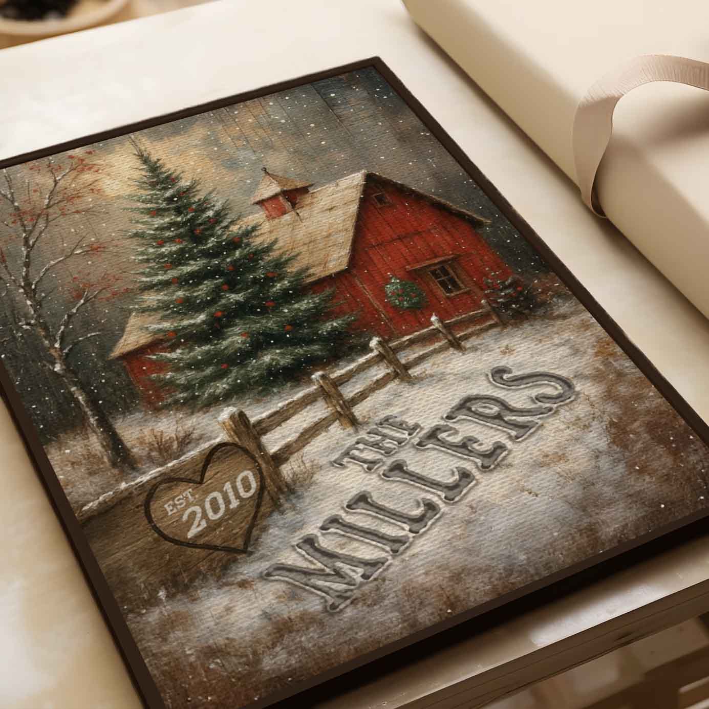 Red Barn Custom Family Name in the Christmas Snow Canvas
