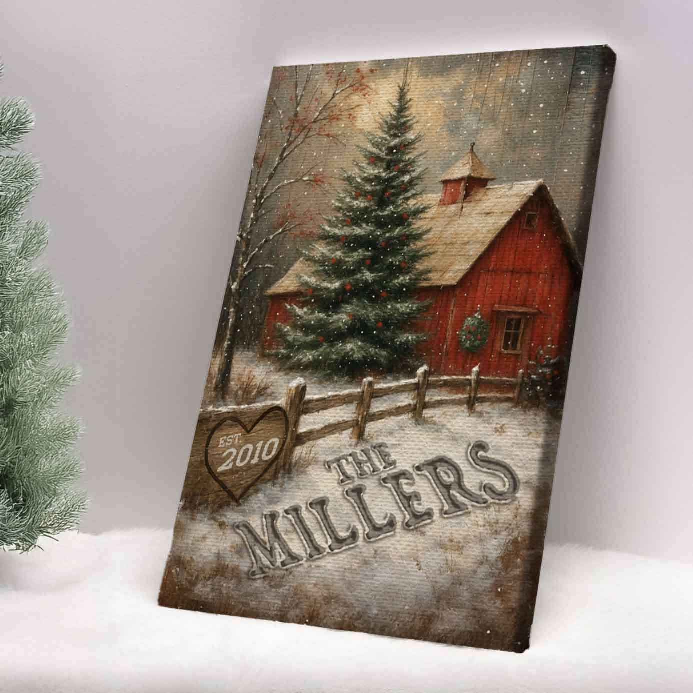 Red Barn Custom Family Name in the Christmas Snow Canvas