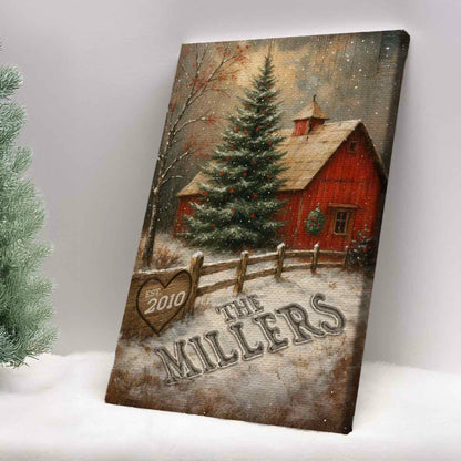 Red Barn Custom Family Name in the Christmas Snow Canvas