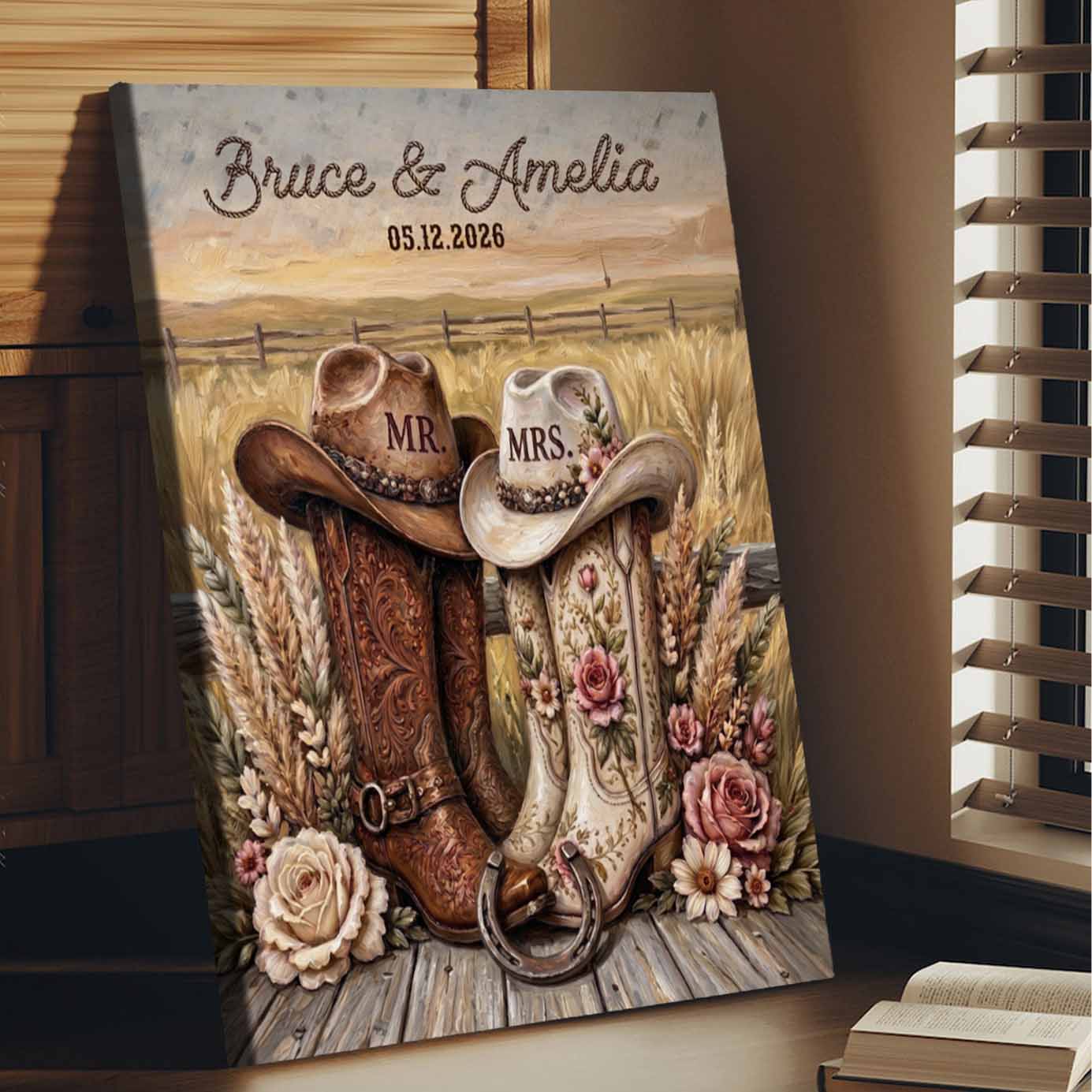 Rustic Couple Cowboy Boots Personalized Wedding Anniversary Canvas