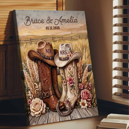 Rustic Couple Cowboy Boots Personalized Wedding Anniversary Canvas