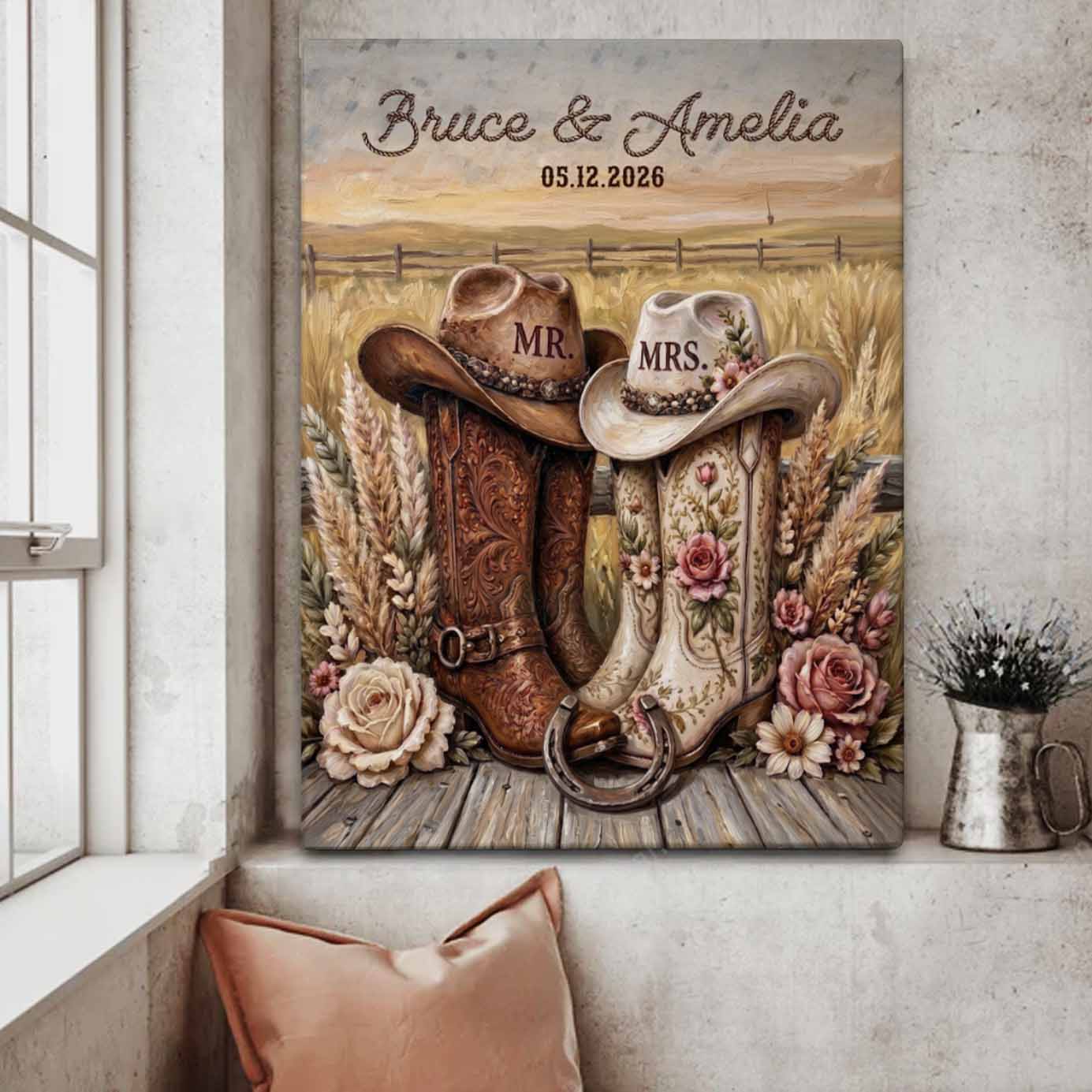 Rustic Couple Cowboy Boots Personalized Wedding Anniversary Canvas