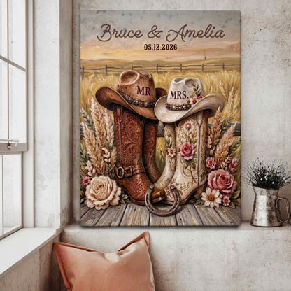 Rustic Couple Cowboy Boots Personalized Wedding Anniversary Canvas