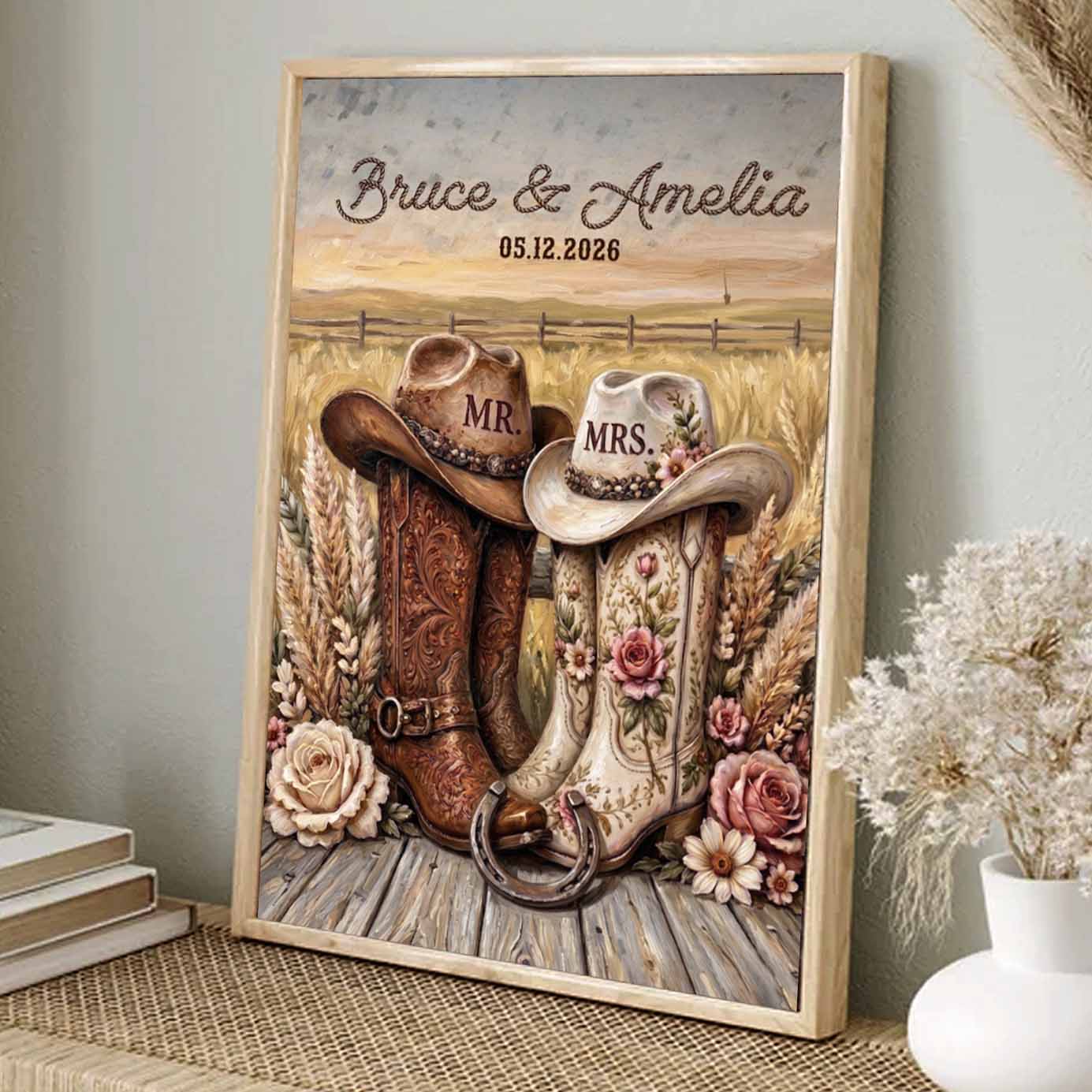 Rustic Couple Cowboy Boots Personalized Wedding Anniversary Canvas