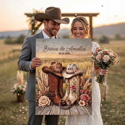 Rustic Couple Cowboy Boots Personalized Wedding Anniversary Canvas