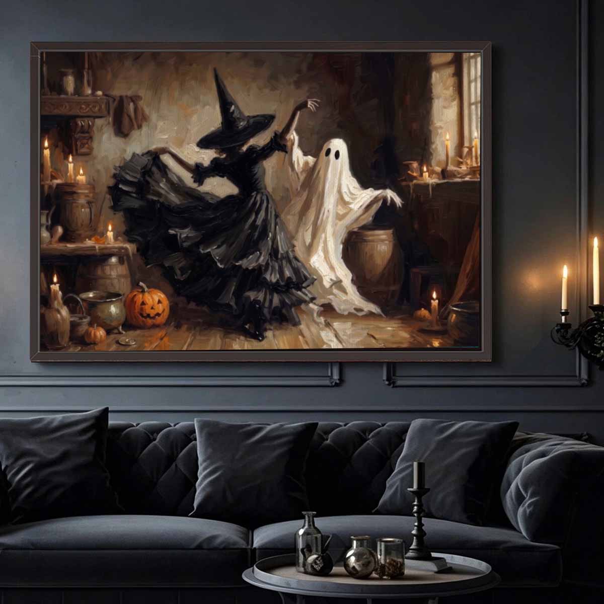 Dance of Shadows, Witch And Ghost Halloween Canvas Poster
