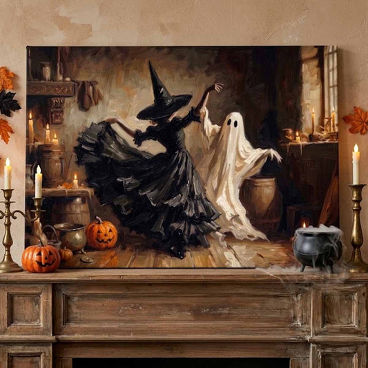Dance of Shadows, Witch And Ghost Halloween Canvas Poster
