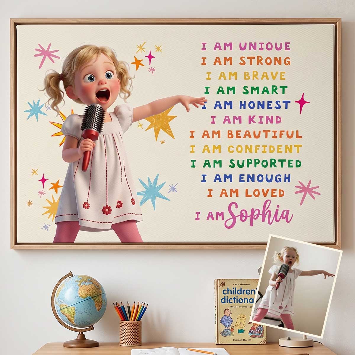 I AM Custom 3D Cartoon Portrait Positive Affirmations for Kids Canvas Poster