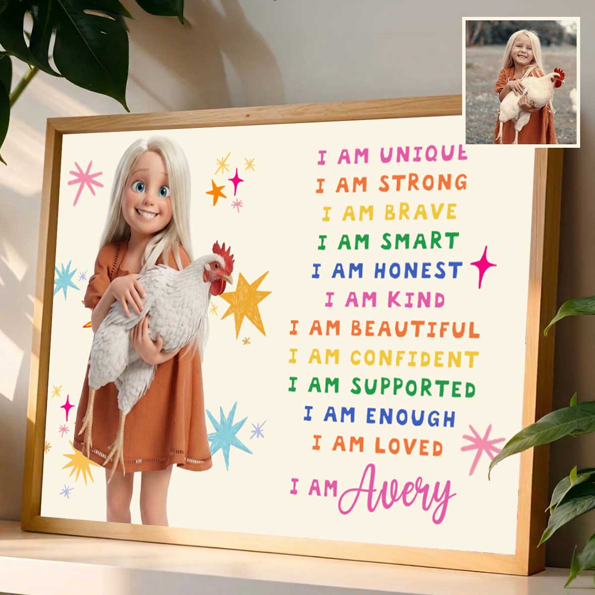 I AM Custom 3D Cartoon Portrait Positive Affirmations for Kids Canvas Poster