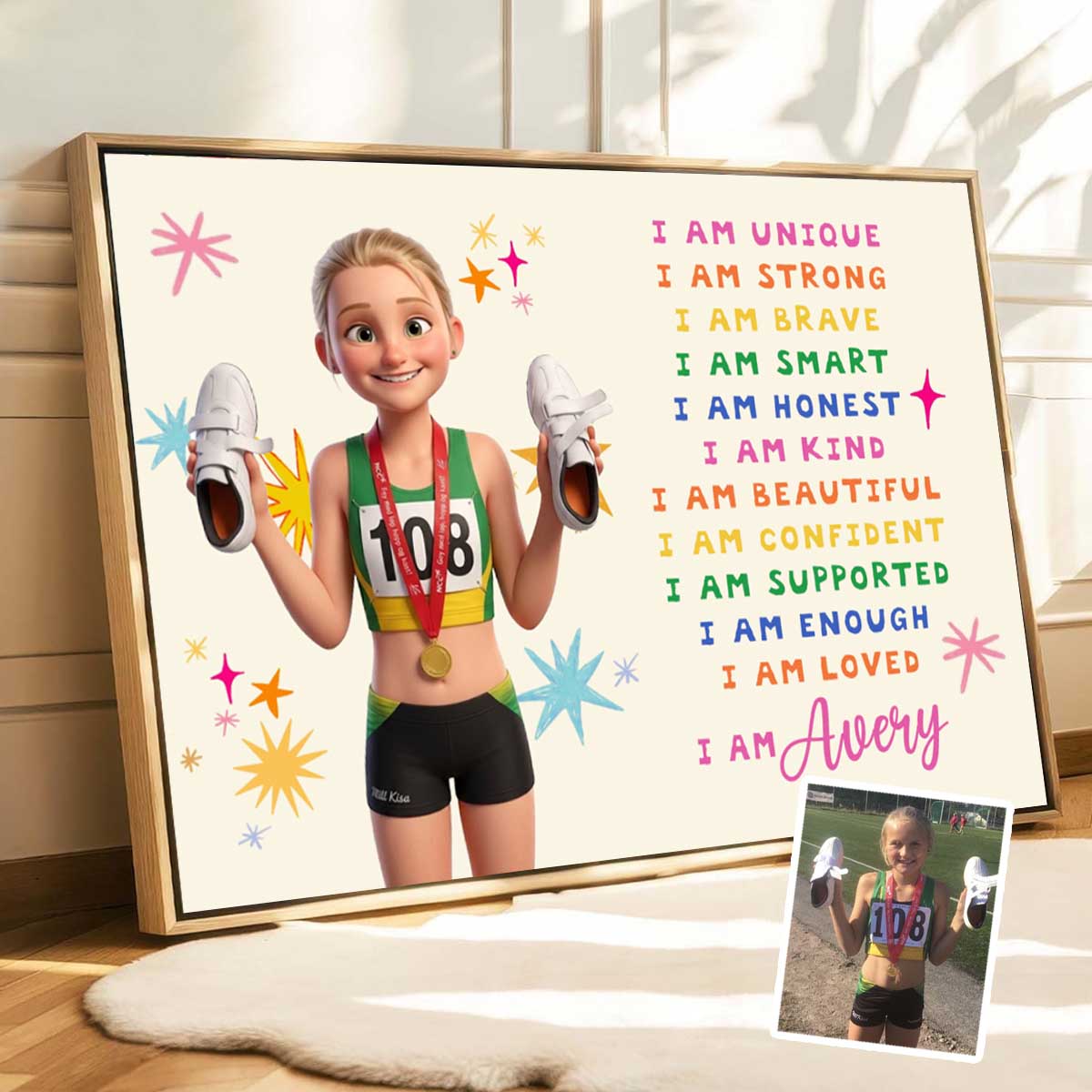 I AM Custom 3D Cartoon Portrait Positive Affirmations for Kids Canvas Poster