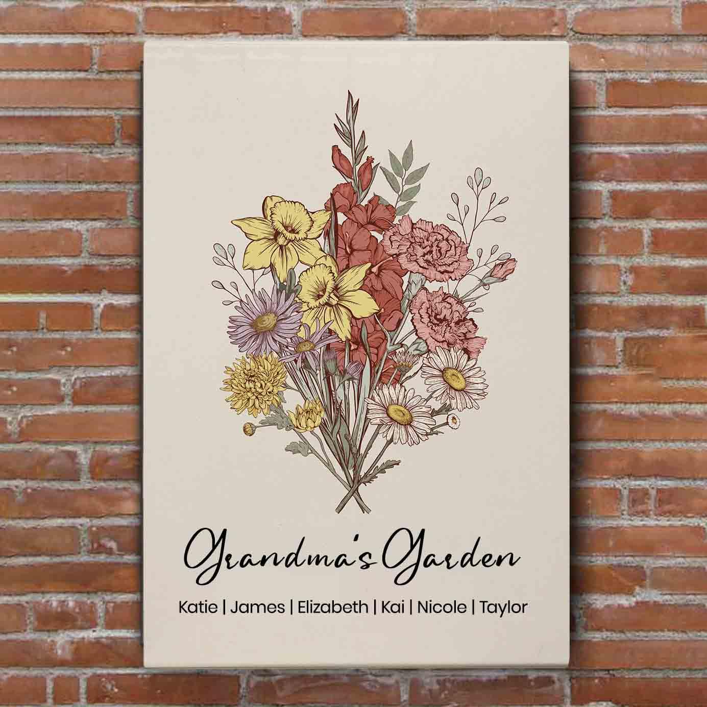 Family Member Birth Flower Bouquet | Personalized Canvas for Grandma Mom