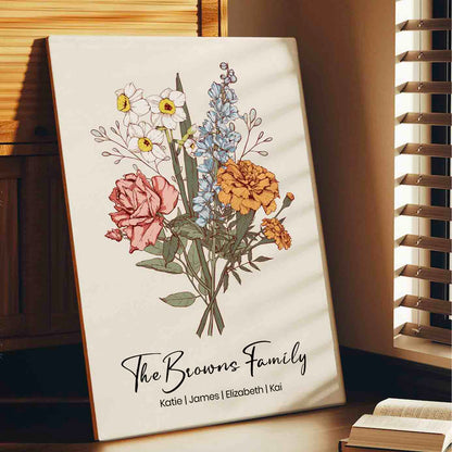 Family Member Birth Flower Bouquet | Personalized Canvas for Grandma Mom