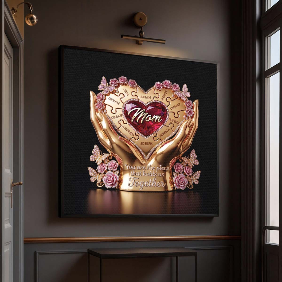 Custom Mom The Piece That Holds Us Together 3D Sculpted Gold Canvas