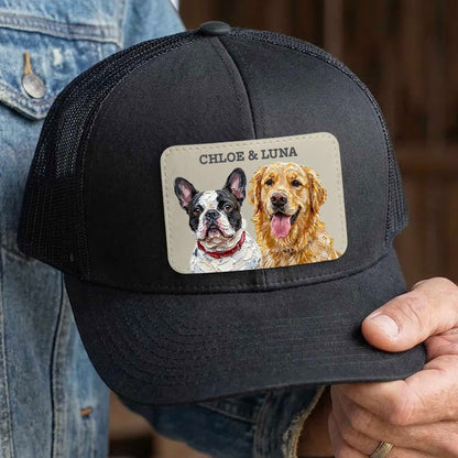 Custom Pet Portrait Leather Patch Trucker Hat, Dog Mom Dad Gift