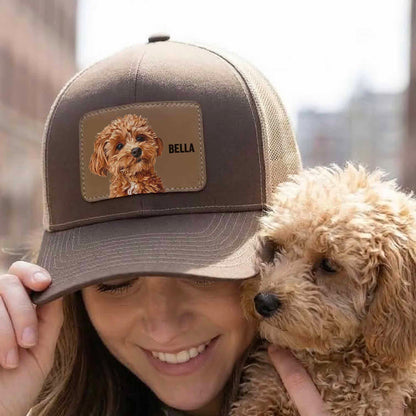 Custom Pet Portrait Leather Patch Trucker Hat, Dog Mom Dad Gift