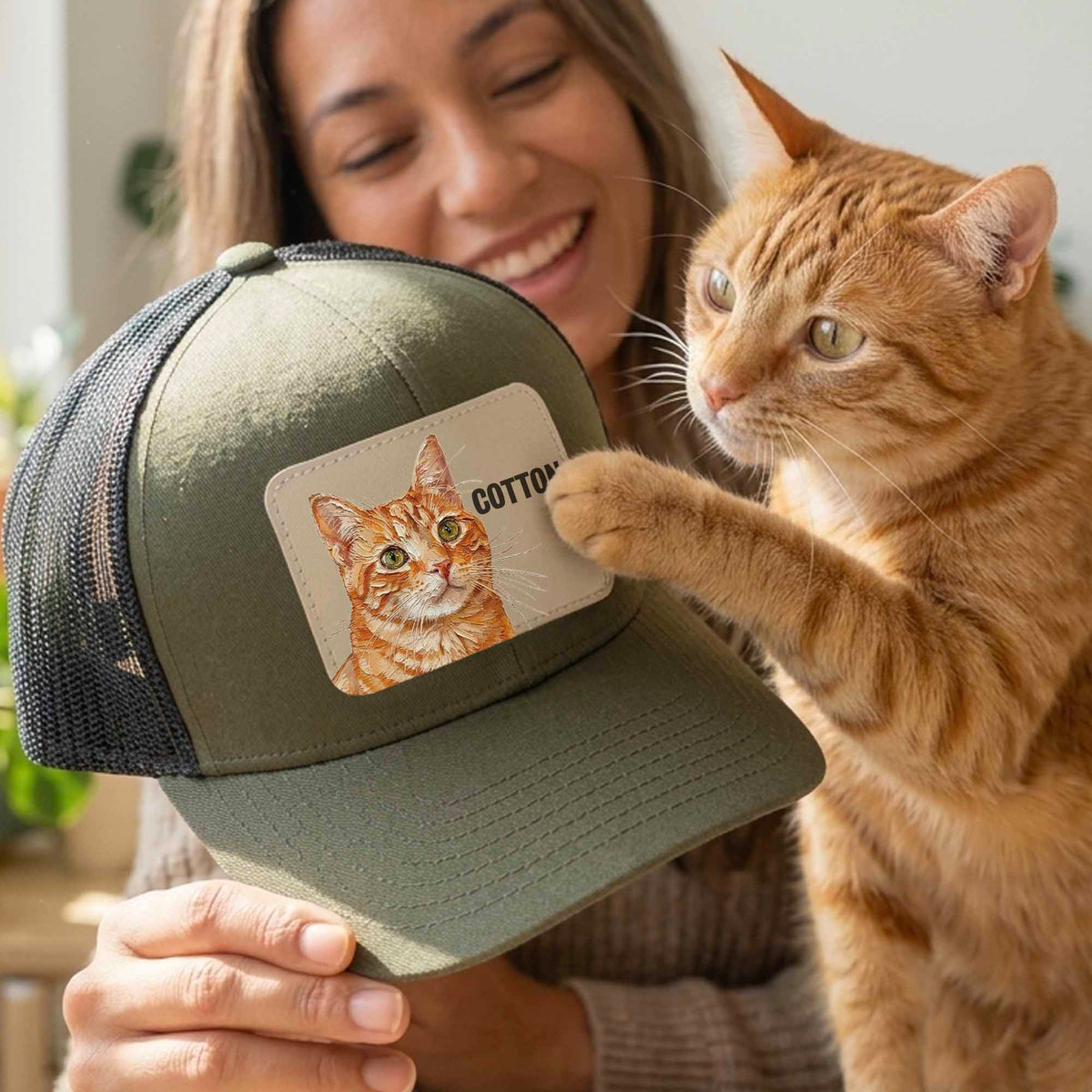 Custom Pet Portrait Leather Patch Trucker Hat, Dog Mom Dad Gift